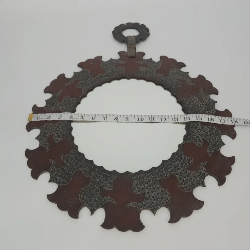 Tooled Leather Round Wall Mirror Floral Boho Moroccan Folk Art Decor Vintage